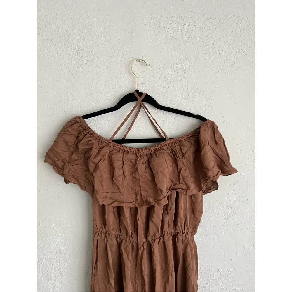 Coeur de Vague Woman Brown Ruffle Crop Off Shoulder Jumpsuit , Size Large